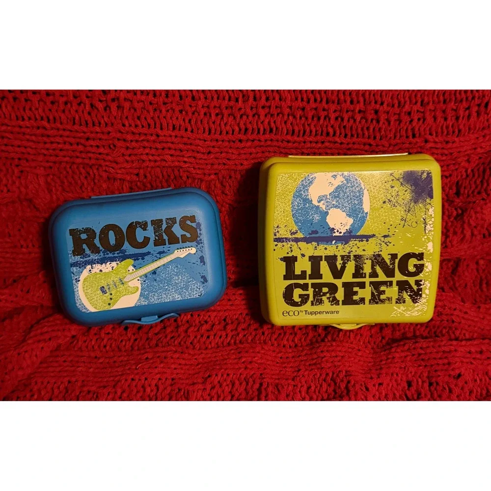 Tupperware Eco Sandwich Snack Container Set Living Green Earth Rocks Guitar 2pc